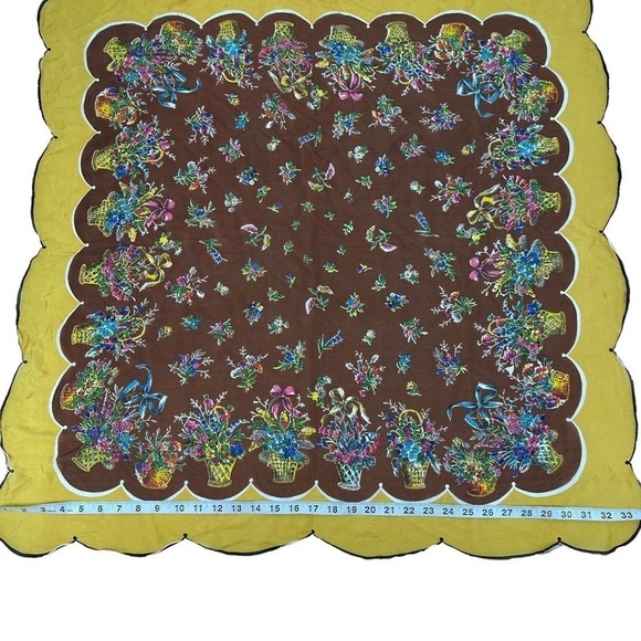 vintage scalloped Carol Stanley Floral Designer Scarf Silk Yellow Brown One Size - Picture 4 of 12